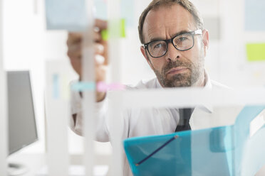 Businessman sticking adhesive notes to glass wall in office - CUF24243