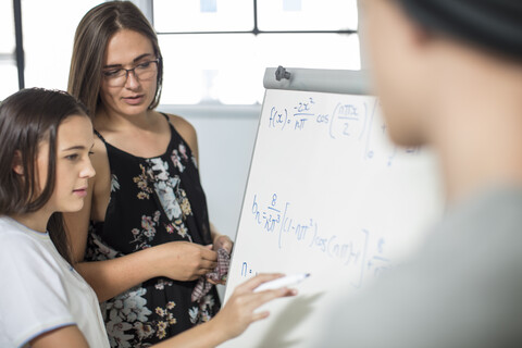 Teacher helping teenage girl writing formula on whiteboard stock photo