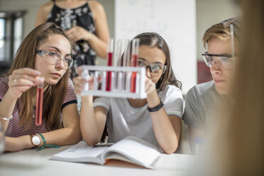 Schüler im naturwissenschaftlichen Unterricht beim Experimentieren mit Reagenzgläsern - ZEF15686