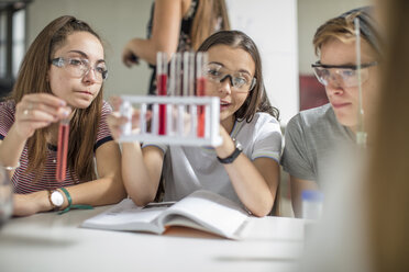 Schüler im naturwissenschaftlichen Unterricht beim Experimentieren mit Reagenzgläsern - ZEF15687