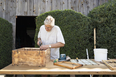 Älterer Mann macht Holzkiste im Garten - CUF24415