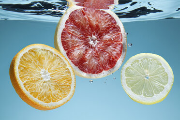 Scheiben von rosa Grapefruit, Orange und Zitrone unter Wasser - CUF25580