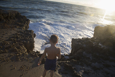 Rear view of boy watching ocean waves, Blowing Rocks Preserve, Jupiter Island, Florida, USA - ISF09434