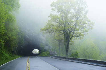 Tunnel auf nebliger leerer Straße, Shenandoah-Nationalpark, Virginia, USA - ISF09495