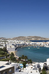 Elevated view of harbor, Mykonos, Cyclades, Greece - CUF26238