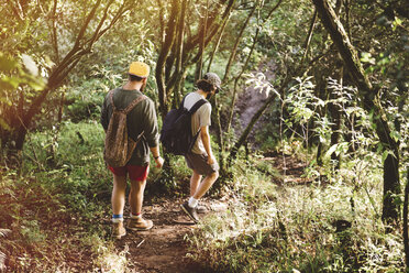 Zwei junge männliche Freunde wandern im Regenwald am Atitlansee, Guatemala - CUF26498