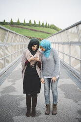 Zwei junge Freundinnen lesen Smartphone-Texte auf einem Parksteg - CUF26768
