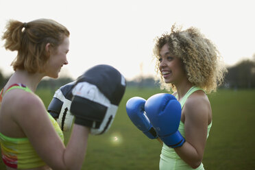 Zwei Frauen trainieren mit Boxhandschuhen im Park - CUF27364