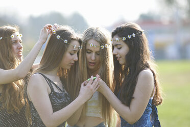 Vier Teenager-Mädchen mit Gänseblümchenketten-Kopfschmuck lesen Smartphone-Texte im Park - CUF27468