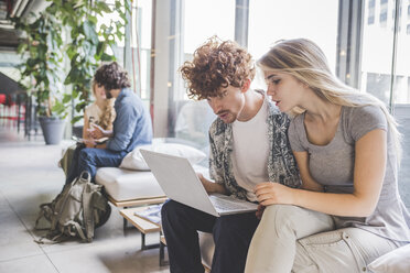 Arbeitskollegen arbeiten am Laptop auf dem Sofa am Fenster - CUF27849