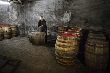 Arbeiter rollt ein Whiskyfass im Lager der Whiskybrennerei - CUF27966