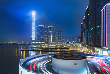 Kowloon business district: skyline with ICC building and cruise terminal at night, Hong Kong, China - CUF28327