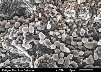 Gusseisen mit gebrochener Oberfläche: Ermüdungsstreifen unter Eisenoxidkorrosion, aufgenommen im Rasterelektronenmikroskop - CUF28335