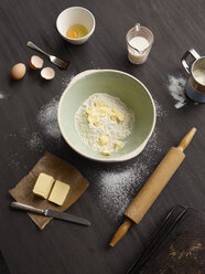 Overhead view of baking table with mixing bowl - CUF28383