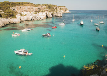 High angle view of yachts anchored in bay at Cala Macarella, Menorca, Spain - CUF28822