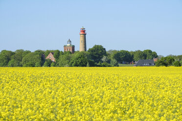 Deutschland, Mecklenburg-Vorpommern, Rügen, Schinkelturm und der neue Leuchtturm bei Kap Arkona, im Vordergrund ein Rapsfeld - ELF01873