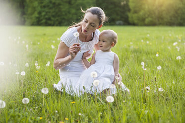 Mother and daughter with blowball on meadow in summer - DIGF04591
