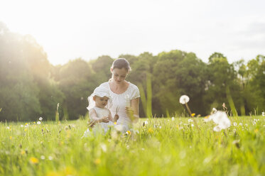 Mutter und Tochter mit Pusteblume auf der Wiese im Sommer - DIGF04595