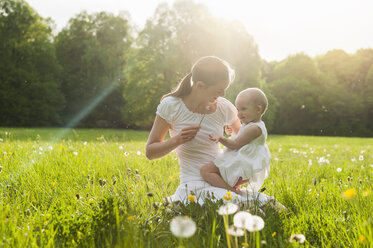 Mutter und Tochter mit Pusteblume auf der Wiese im Sommer - DIGF04596