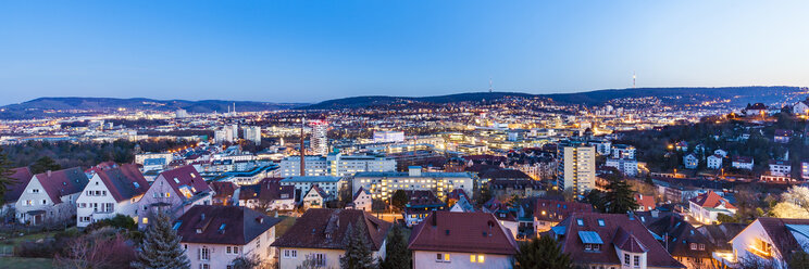 Germany, Stuttgart, panoramic cityscape with TV tower in the evening, blue hour - WDF04684