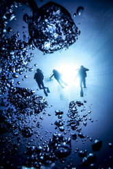 Unterwasser-Silhouette von drei Tauchern und Luftblasen, Bali, Indonesien - CUF29128