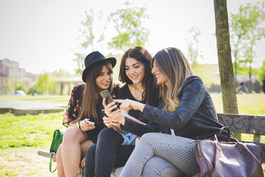 Three young female friends reading smartphone update on park bench - CUF29190