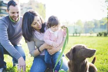 Mid adult couple with toddler daughter and dog in park - CUF29254