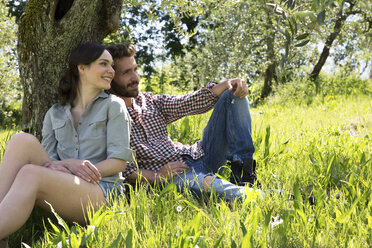 Young couple sitting leaning against tree together - CUF29650