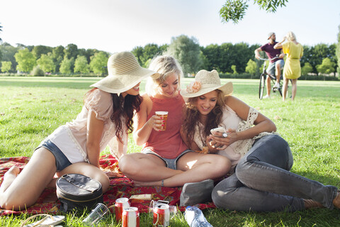 Freundinnen lesen Smartphone-Text auf einer Parkparty, lizenzfreies Stockfoto