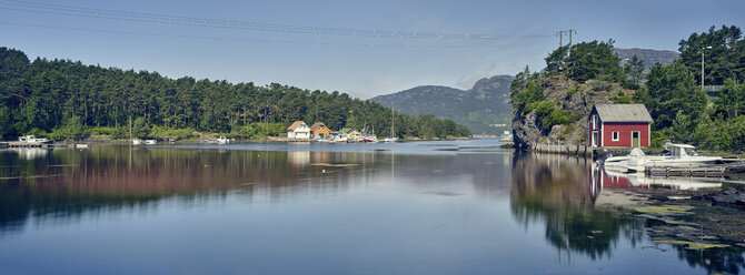 Panoramic view of fjord and village, Mosterhamn, Norway - CUF30430