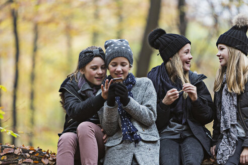Mädchen benutzen Smartphone und unterhalten sich im Herbstwald - CUF30518