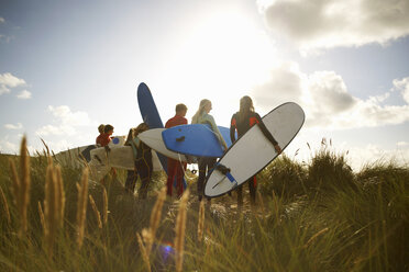 Gruppe von Surfern steht am Strand, hält Surfbretter, Rückansicht - CUF30661