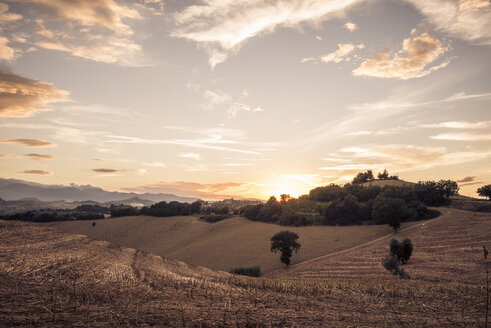 Abgeerntete Felder bei Sonnenuntergang, La Marche, Italien - CUF30750