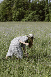Italy, Veneto, Young woman plucking flowers and herbs in field - ALBF00402