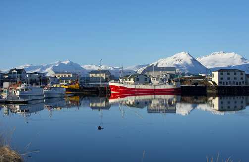 Blick auf Fischerboote und schneebedeckte Berge, Hafen von Hofn, Island - ISF09656