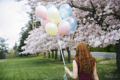 Rückansicht einer jungen Frau mit langen gewellten roten Haaren und einem Bündel Luftballons im Frühlingspark - ISF09673