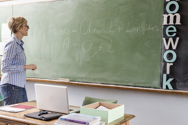 Female teacher in classroom, looking at words on blackboard - CUF32248