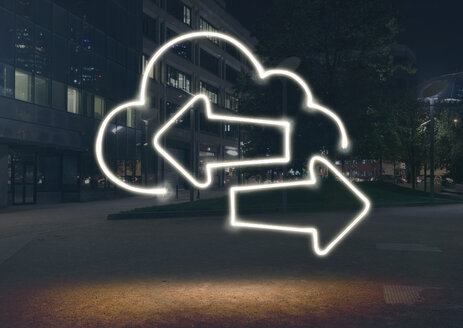 Glowing cloud symbol with opposite direction arrows in city at night - CUF32369