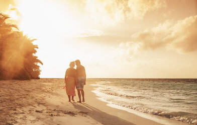 Senior couple on beach at sunset, Maldives - ISF09805