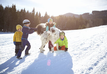 Kinder und Hund genießen das Spielen im Schnee - ISF09892