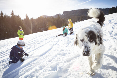 Kinder und Hund genießen das Spielen im Schnee - ISF09897