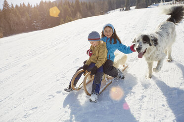 Brother and sister tobogganing with pet dog - ISF09903