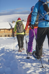 Rückansicht von drei mittelgroßen Freunden beim Schneeschuhwandern in den Dolomiten, Eisacktal, Südtirol, Italien - ISF09947