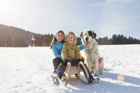 Bruder und Schwester rodeln mit Haushund - ISF10032