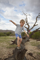 Junge klettert auf toten Baum, Purros, Kaokoland, Namibia - ISF10074
