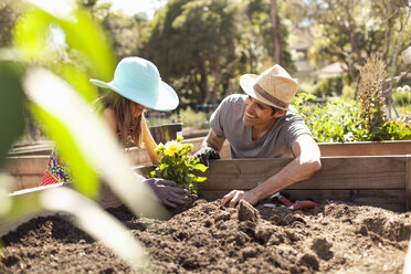 Girl and father planting flower bed in community garden - ISF10300