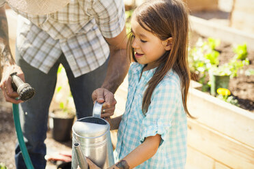 Father filling watering can for girl in community garden - ISF10308