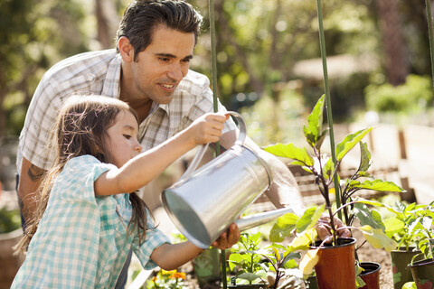 Mädchen mit Vater bei der Verwendung einer Gießkanne im Gemeinschaftsgarten, lizenzfreies Stockfoto