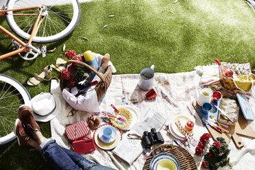 Picknick auf Picknickdecke, Mann entspannt sich auf Decke, niedriger Ausschnitt - ISF10401