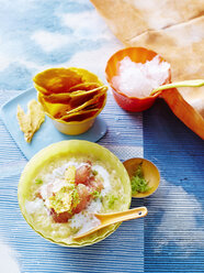 High angle view of Chinese Mango Sago pudding and accompaniments - ISF10417